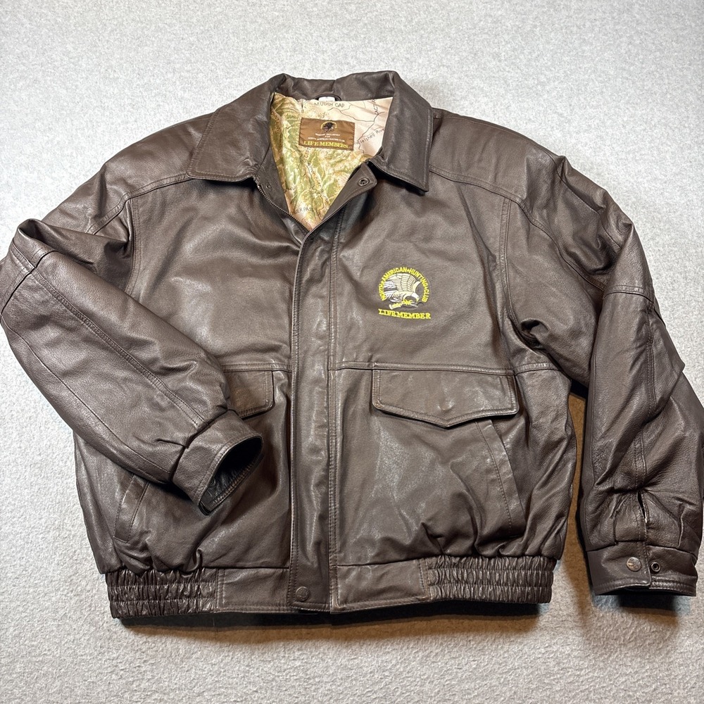 90s North American Hunting Club Life Members Brown Leather Jacket Men's Size XL